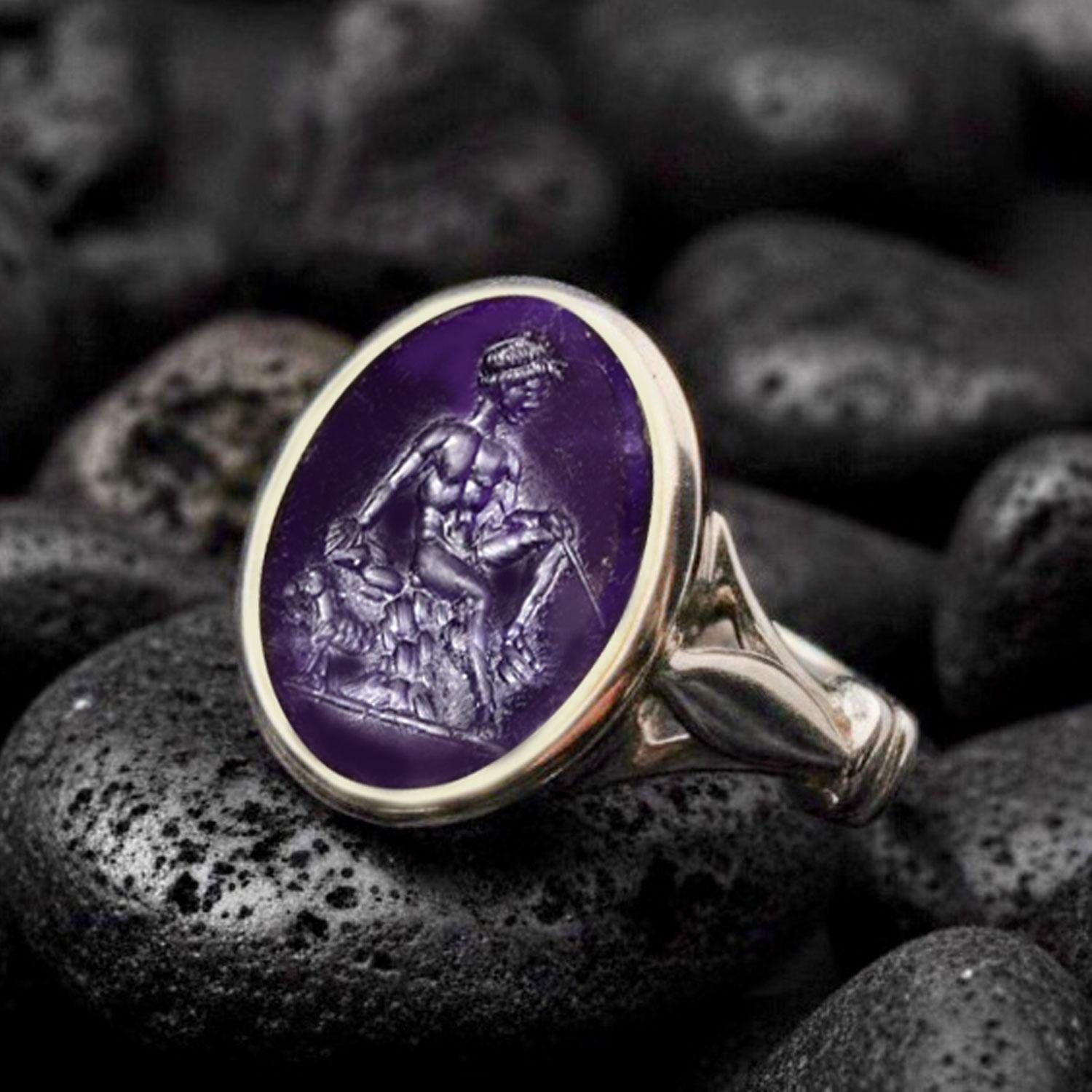 Hand-Carved Amethyst Intaglio Signet Ring: Gold-Plated, Antique Signet Style