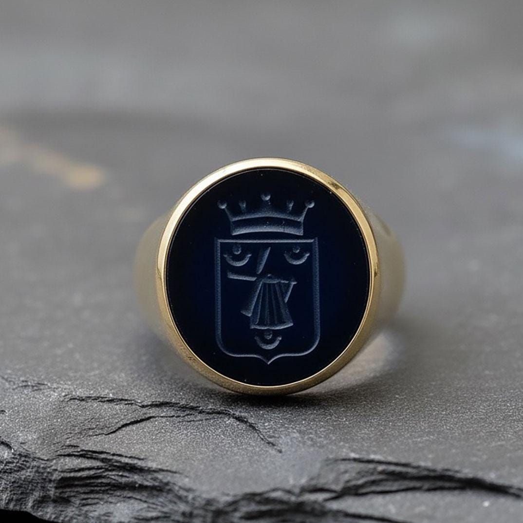 Blue Agate Family Crest Signet Ring: Custom Engraved, Sterling Silver or Gold