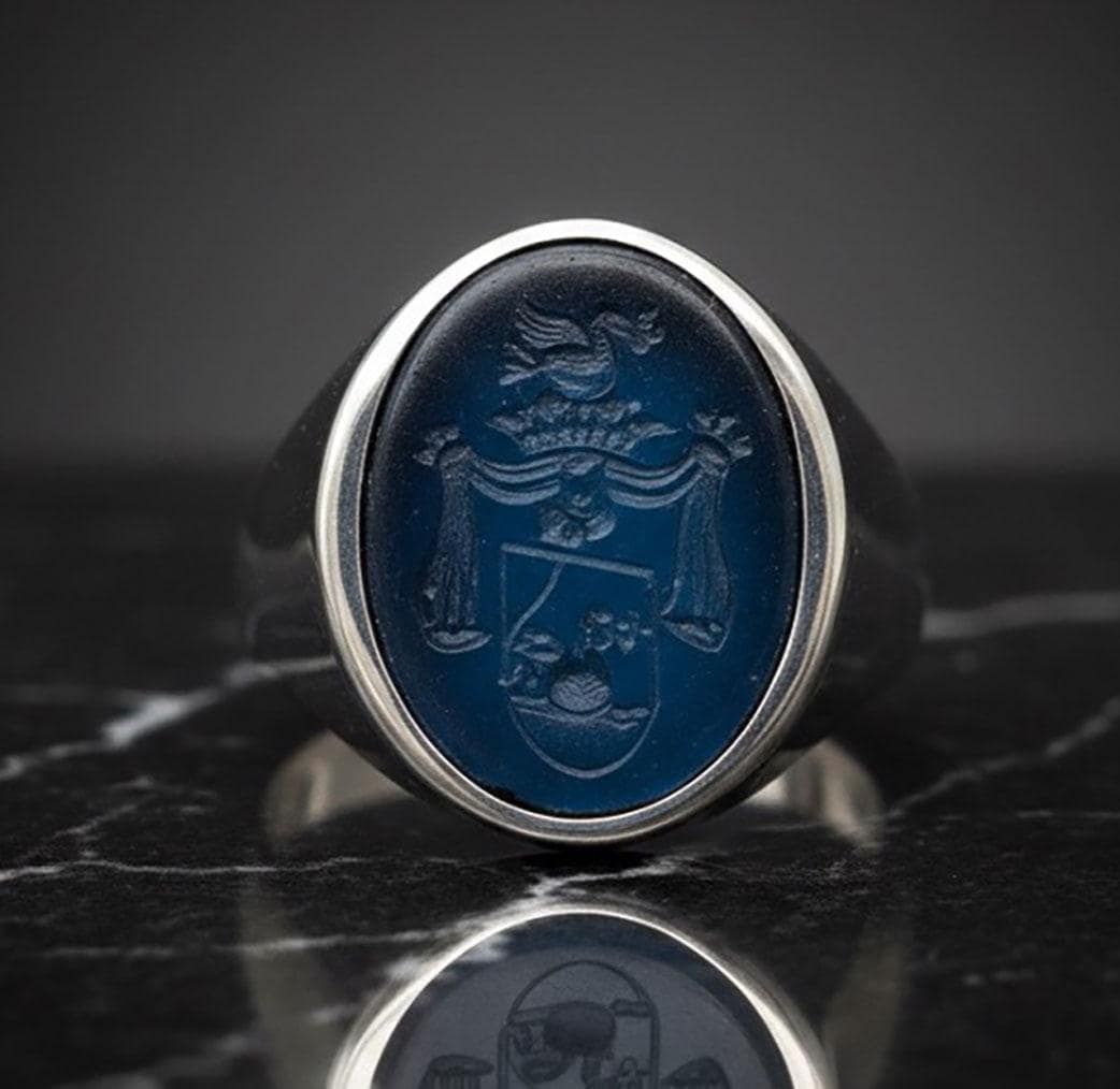 Hand Carved Family Crest Signet Ring: Sterling Silver Intaglio Gemstone Seal Band