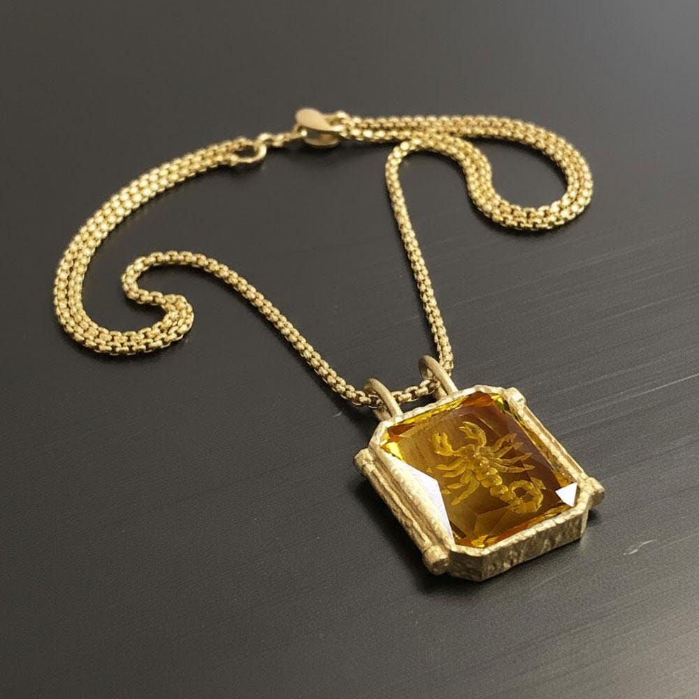 Custom Carved Citrine Stone Pendant Necklace, Vintage Style